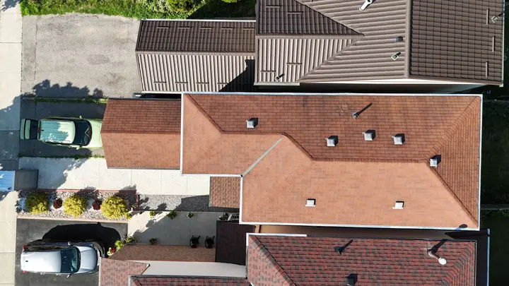 Full aerial view of a residential roof during a drone inspection