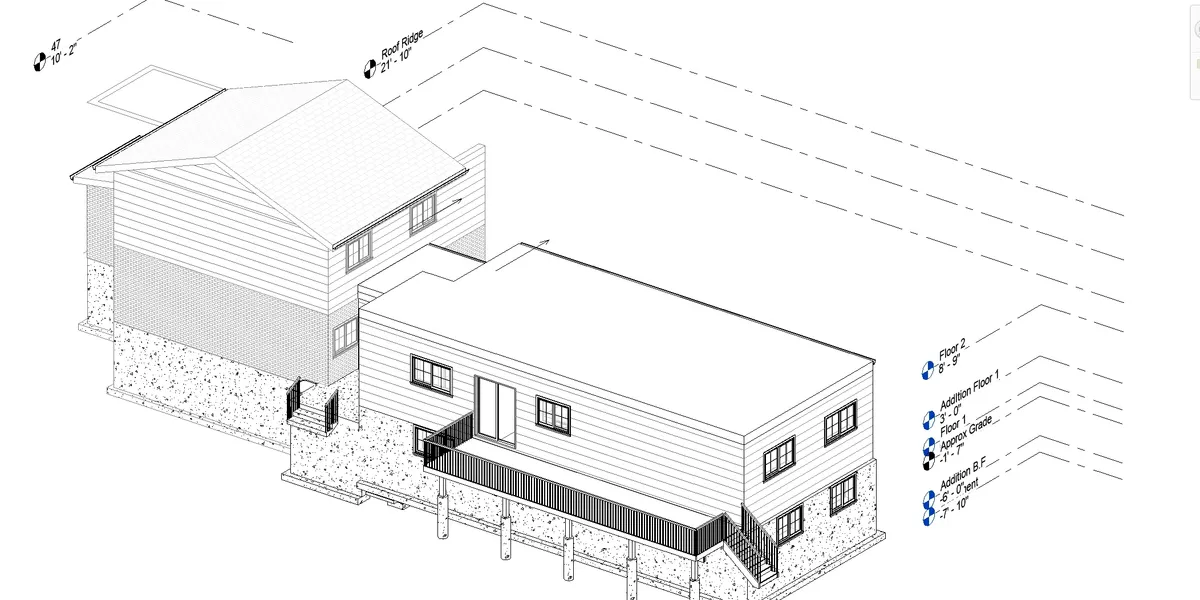 Isometric drawing of a residential addition showing existing and proposed construction